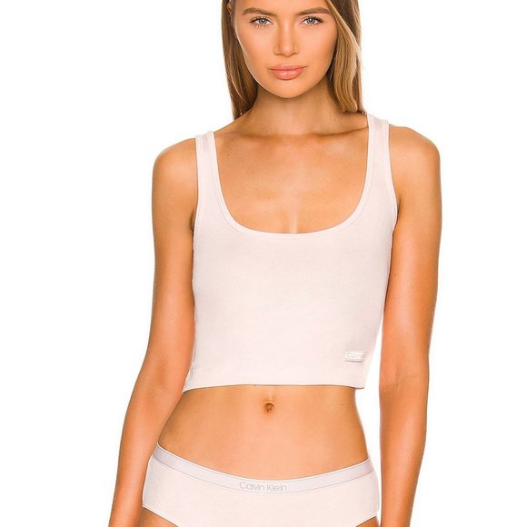 CALVIN KLEIN Pure Ribbed Cropped Tank Top In Barely Pink - Picture 1 of 5